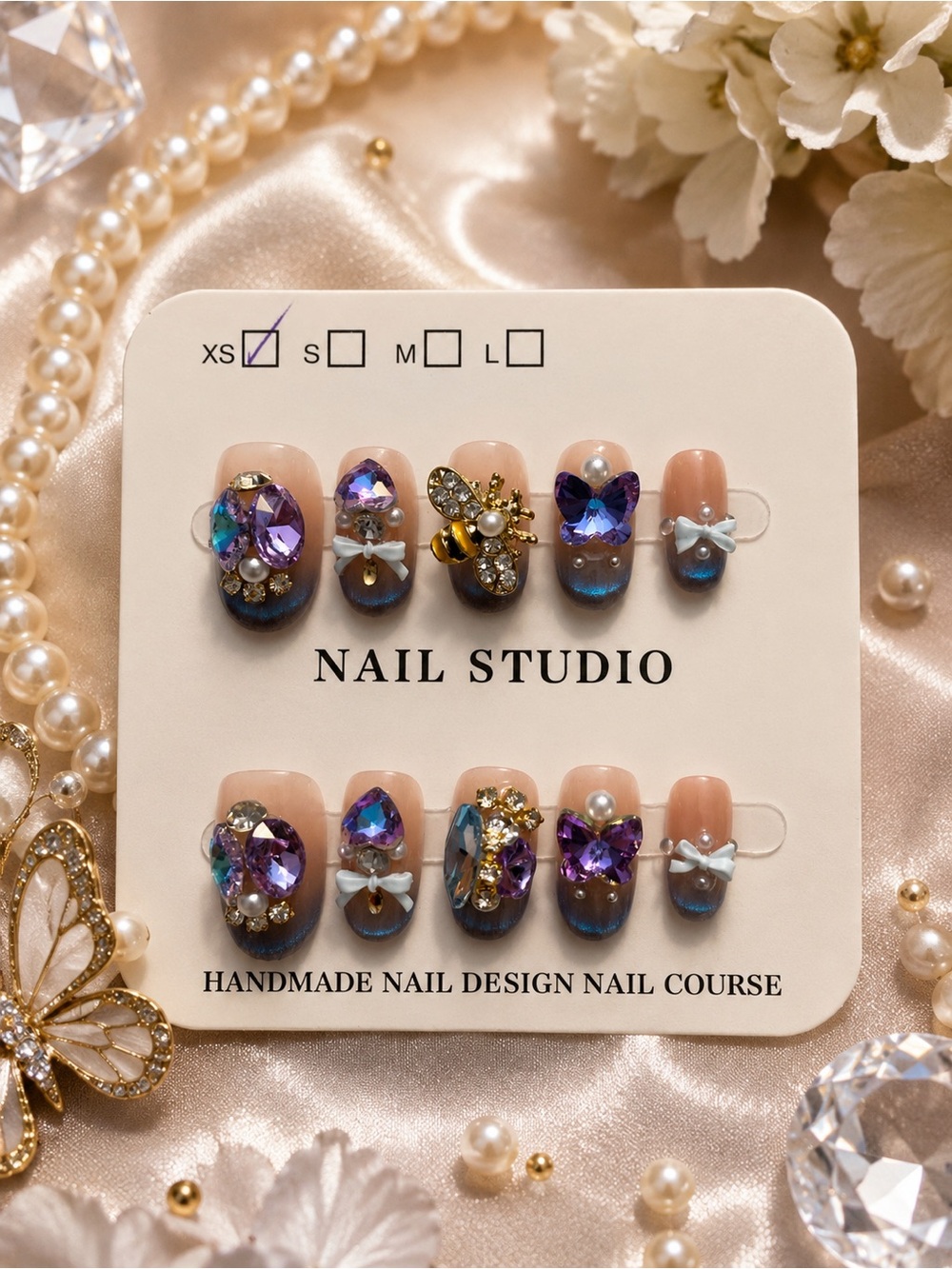 Embellished Press-On Nails with Purple Crystals & Pearls